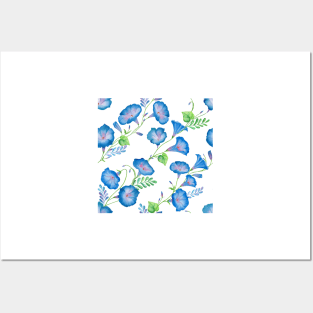 Morning Glory watercolor flowers ornament. Spring blue romantic flowers seamless pattern Posters and Art